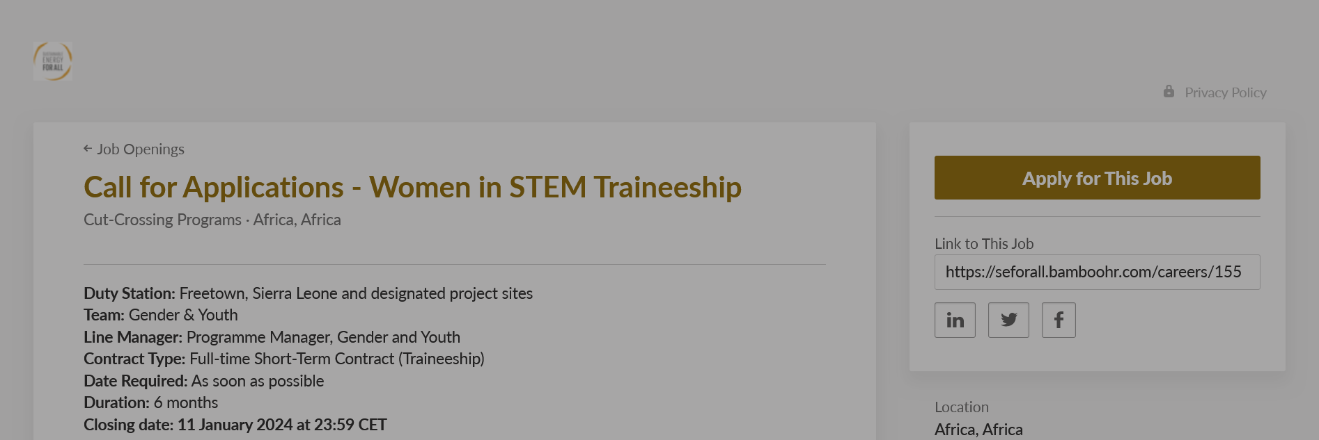 SEforALL Women in STEM Traineeship 2024