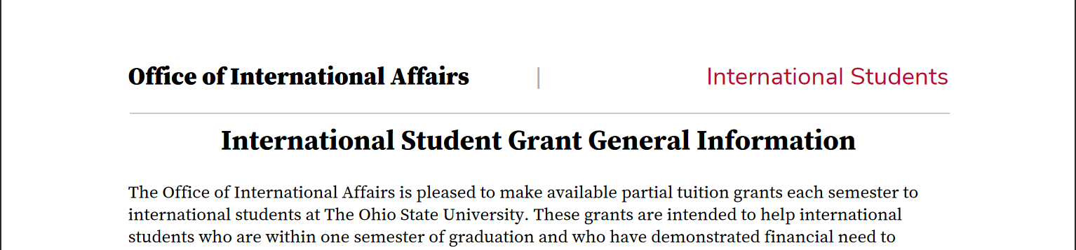 International Student Grant - Ohio State University 2024