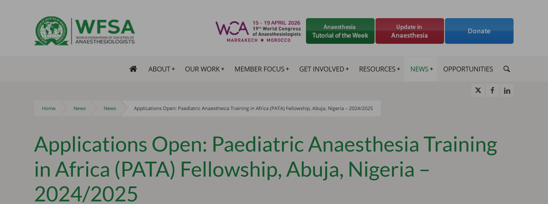 WFSA Paediatric Anaesthesia Training In Africa (PATA) Fellowship for Nigerian Students 2024